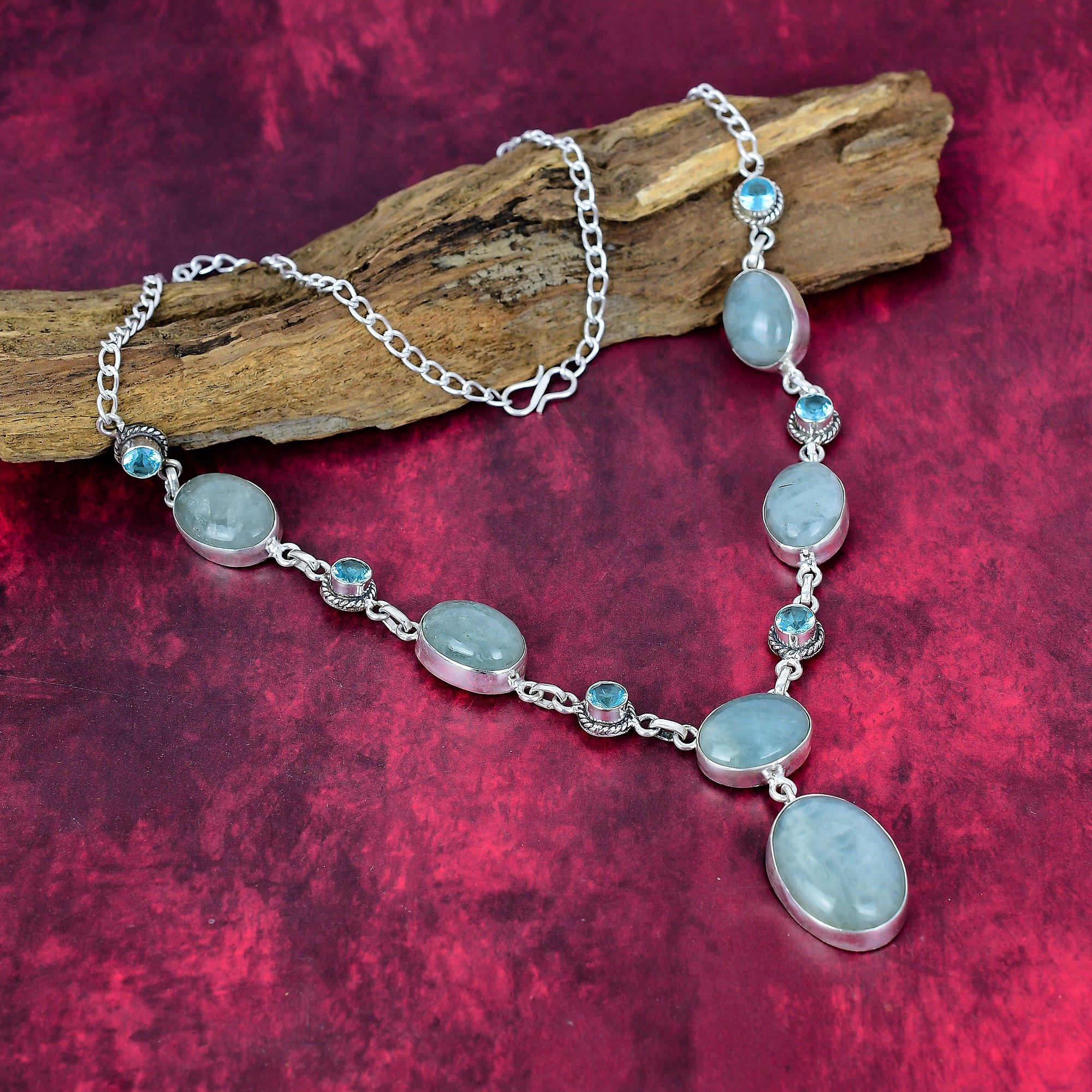 

Аквамарин и Голубой Топаз Ручной Работы Последний Дизайн Ювелирное Ожерелье, 925 Проба Цельное Стерлинговое Серебро Ожерелье с Драгоценными Камнями, Подарок для Матери