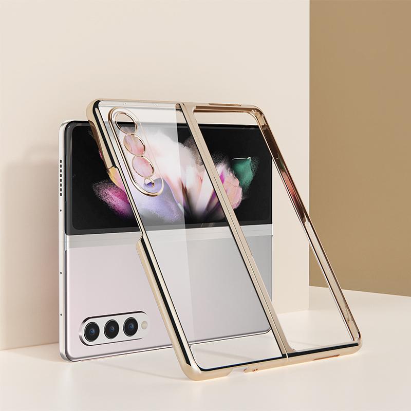 

For Samsung Galaxy Z Fold3 5G Case Electroplating Metal Frame+Tempered Glass Phone Cover Gold