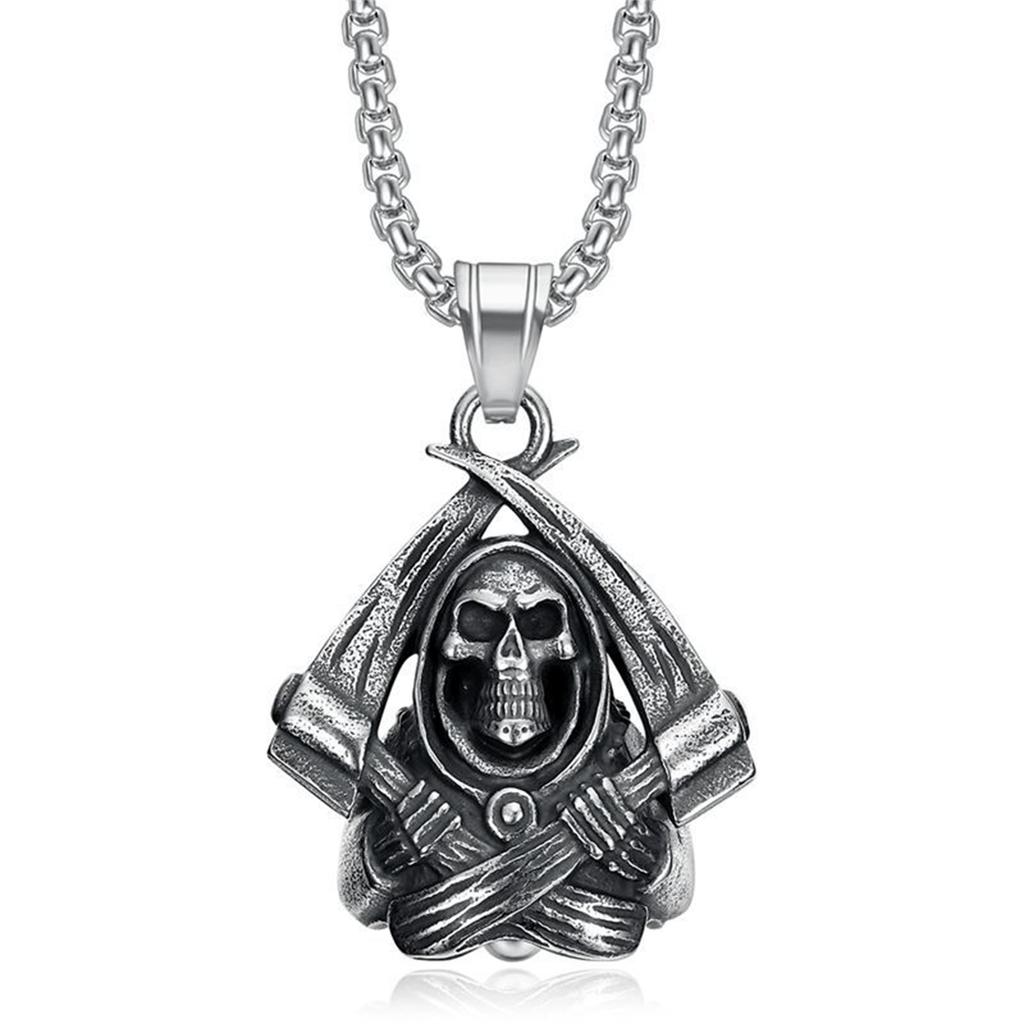 Santa Muerte Bell Stainless Steel Pendant Necklace Our Lady of Holy Death Double Scythes Mexican Grim Reaper Skull Jewelry