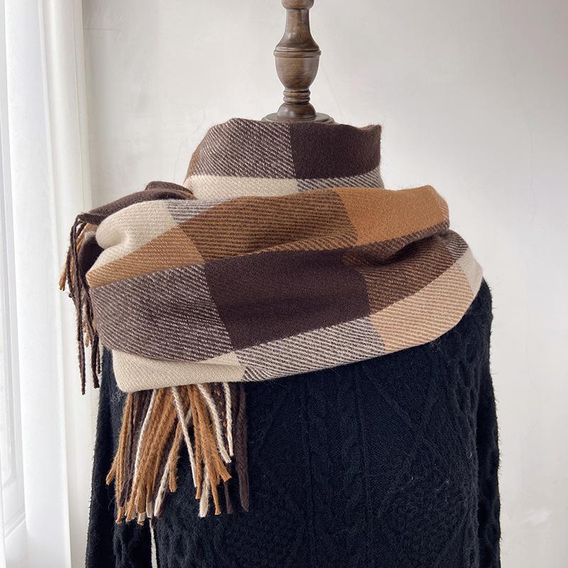 Large Plaid Scarf Women's Autumn and Winter New Imitation Cashmere Shawl Retro Fringed Couple Scarf