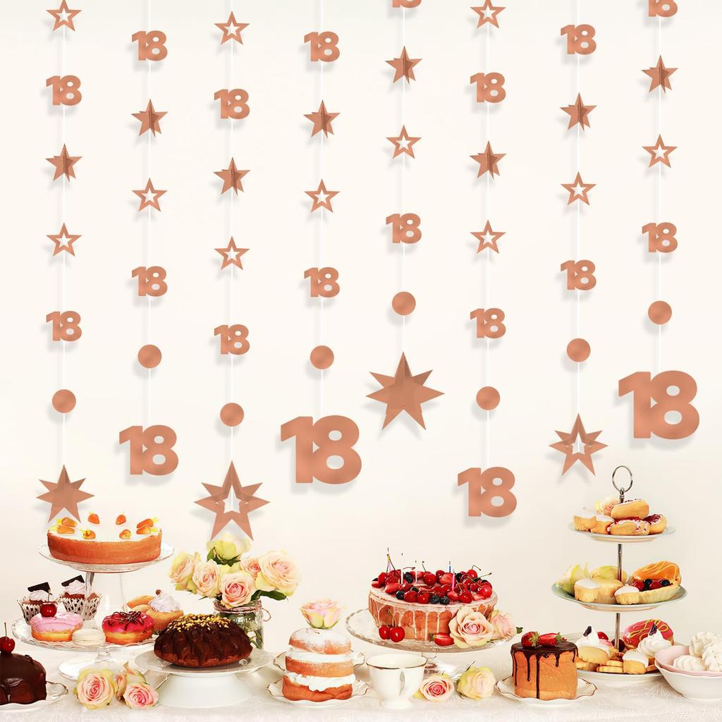 Rose Gold 18th Birthday Decorations for Girls, 8 PCS Number 18 Circle Dot 3D Star Metallic Hanging Streamer Happy 18 Year Old Birthday Party Supplies