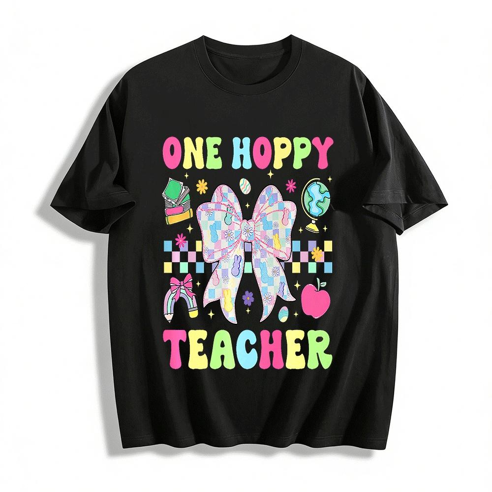 One Hoppy Teacher Easter Themed Checkered Bow Print Top Pure cotton T-shirt XXS