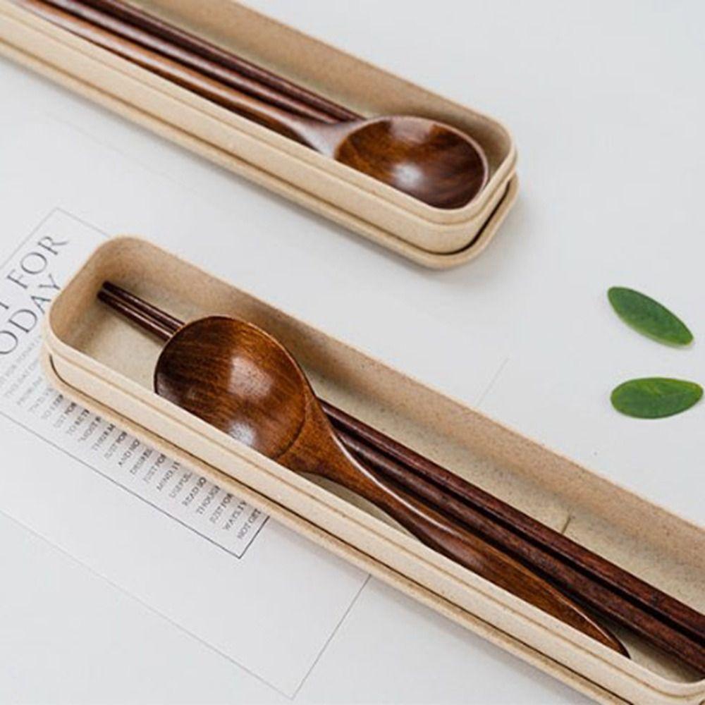 with Box Wooden Fork Chopsticks Natural Rice Soups Spoon Utensil Cereal Fork  Kitchen Accessories