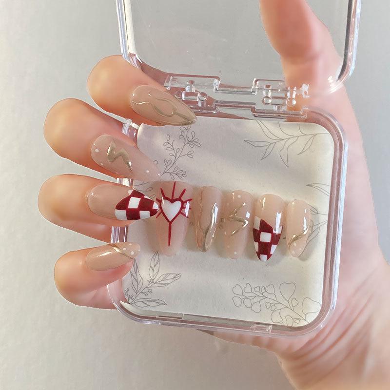 

Hand-Painted Heart Checkerboard Almond Style False Nails Extra Small XS