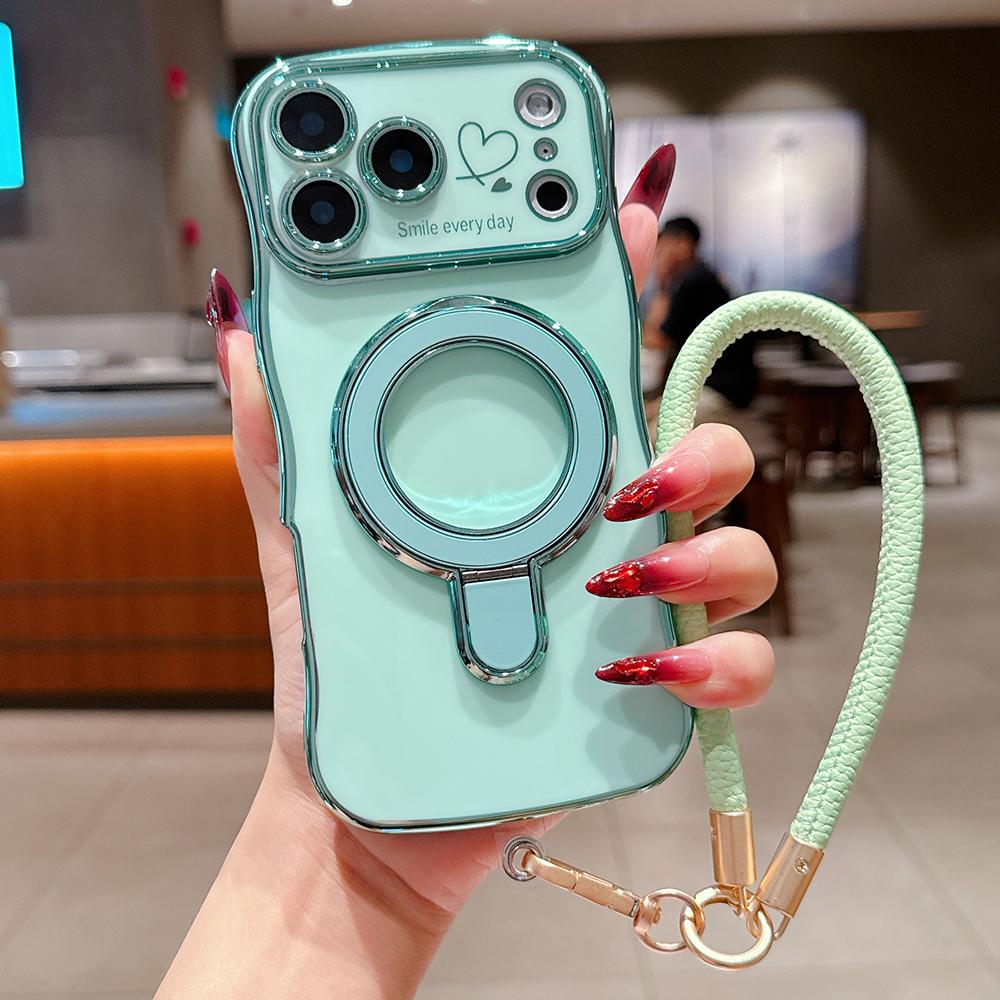 Wavy Frame Wrist Strap Phone Case for iPhone 17 Air 16 15 14 13 12 11 Pro Max Plus Silicone Soft Protective Cover Magnetic Stand