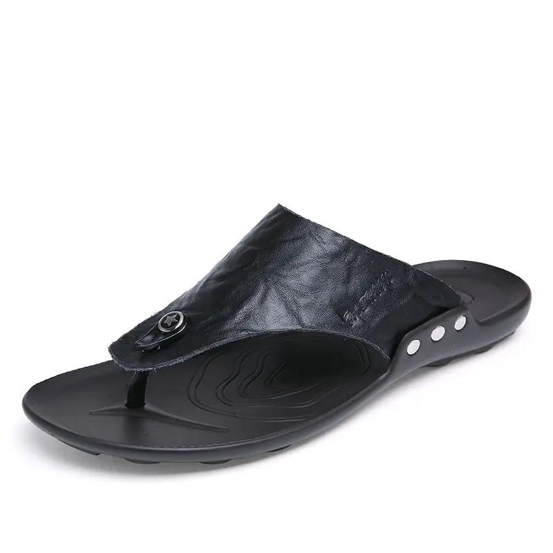 Fashion Men's Shoe Flat Outdoor Beach Leather Shiatsu Male Slipper Slides Flip Flops Original Y2k 2025 Style Cheap Shoes Liquidation Fun