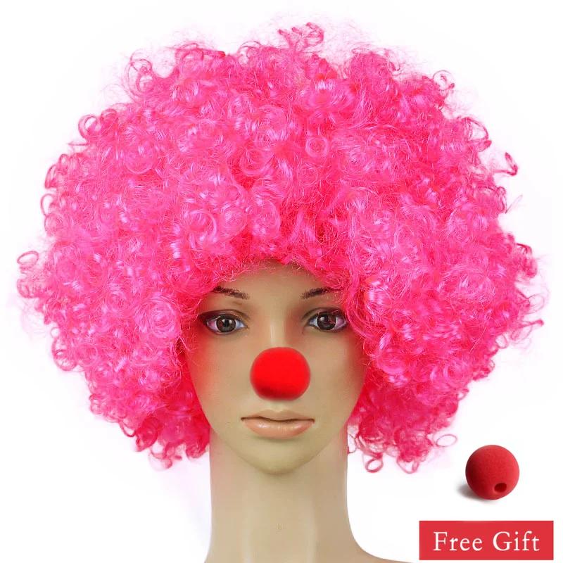 Clown Wig Afro Curly Synthetic Wigs Cosplay for Men Women Mardi Gras Party Wig Red Green Yellow Blue Colorful Wigs Clown Nose