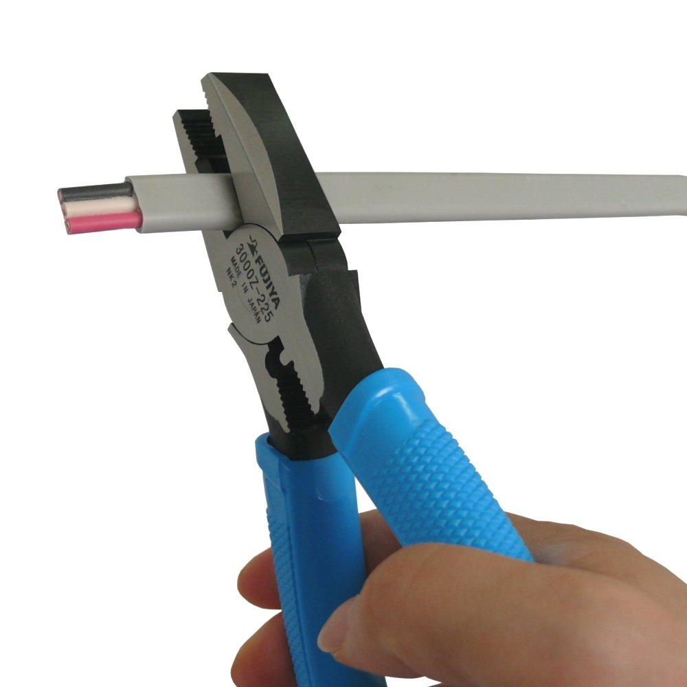 Fujiya Power Pliers grip and simple crimping capable of cutting piano wire up to 2mm in Blue Electrician's (with electrical-resistant function) 225mm,