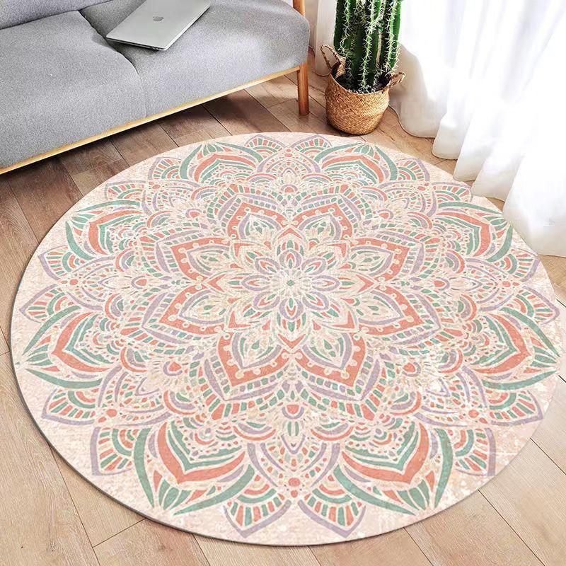Flower Print Round Carpet Ethnic Coffee Table Anti-slip Rug Retro Home Decor Mat for Living Room Bedroom Study Terrace Area