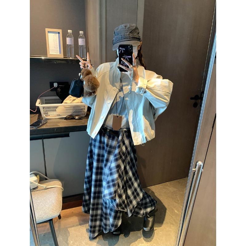 

Moche Send Irregular Plaid Color Block High Waist Drape A-Line Slimming Midi Skirt (Model MQ0800) Small