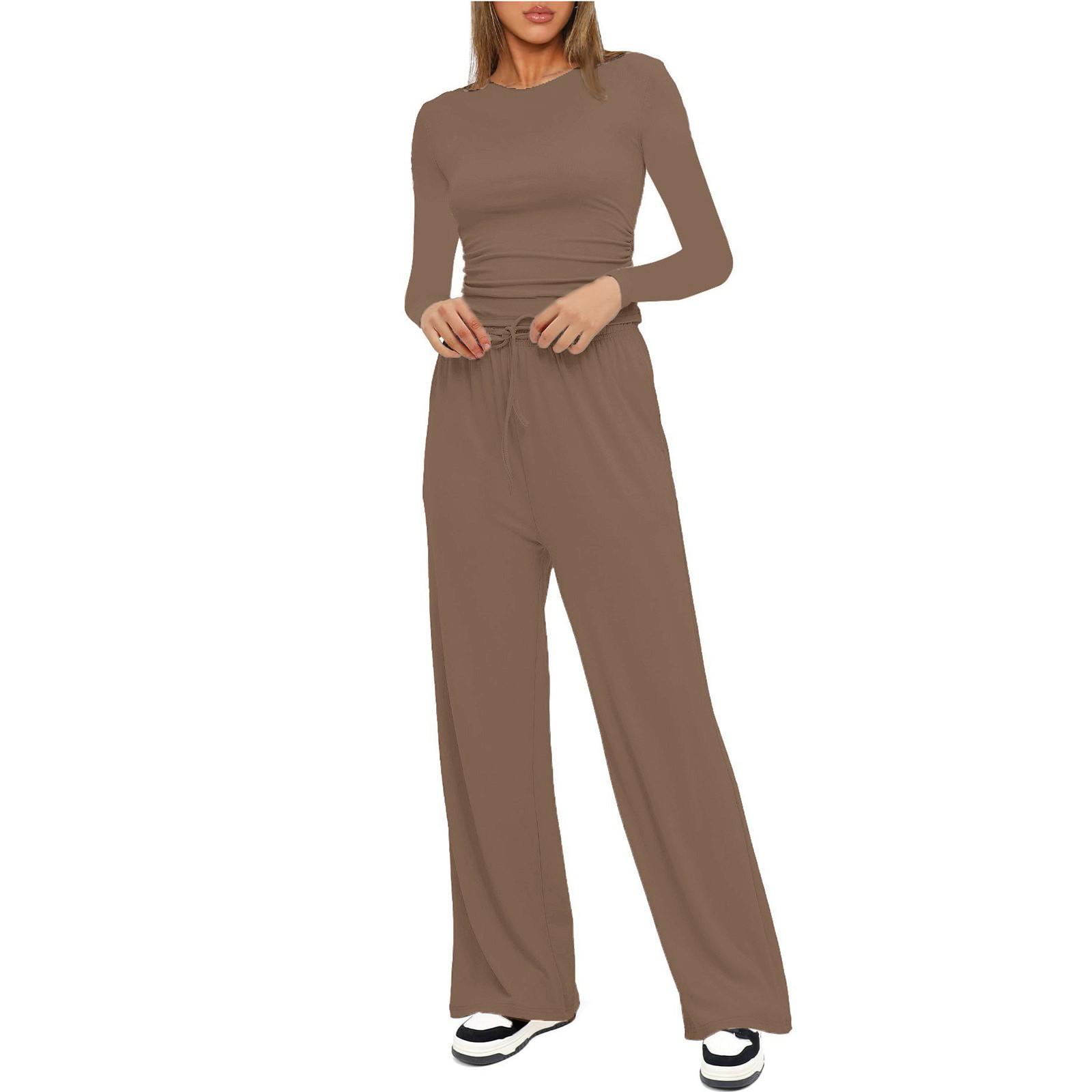 

Женские осенние комплекты из двух частей: топы с длинными рукавами, футболки, широкие брюки, комплекты L кофейный