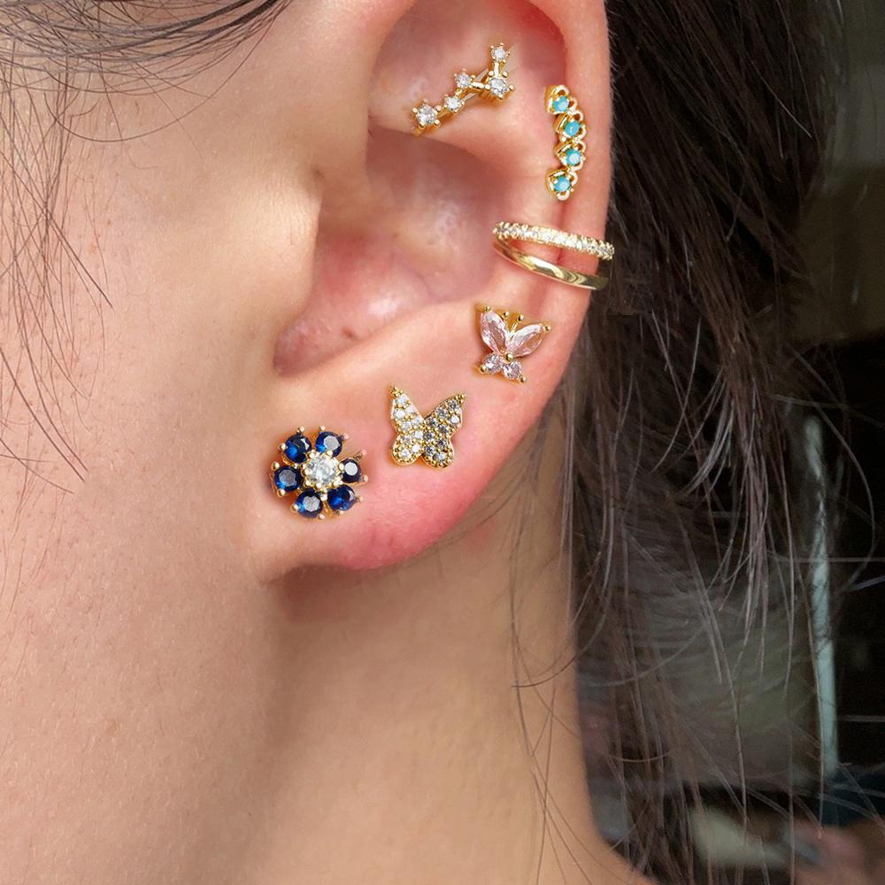 Vintage Gold Color Stainless Steel Butterfly Earrings for Women Zircon Cartilage Piercing Stud Earring Jewelry aretes de mujer