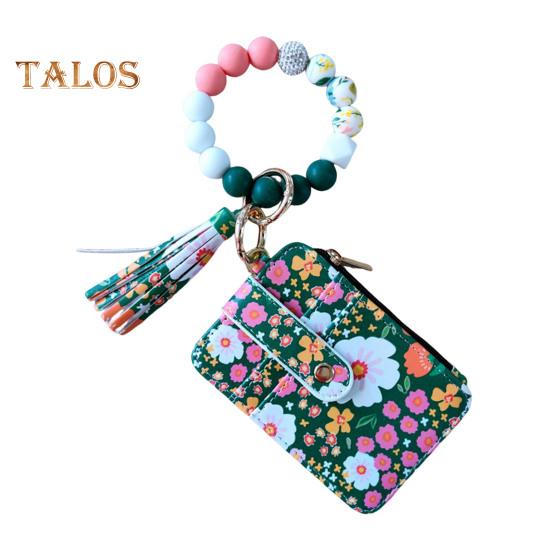 Ladies Floral Wristlet Wallet Boho Style Coin Purse Keychain with Tassel Elastic Beaded Wristlet Wallet with ID Card Window for Shopping Travel Daily