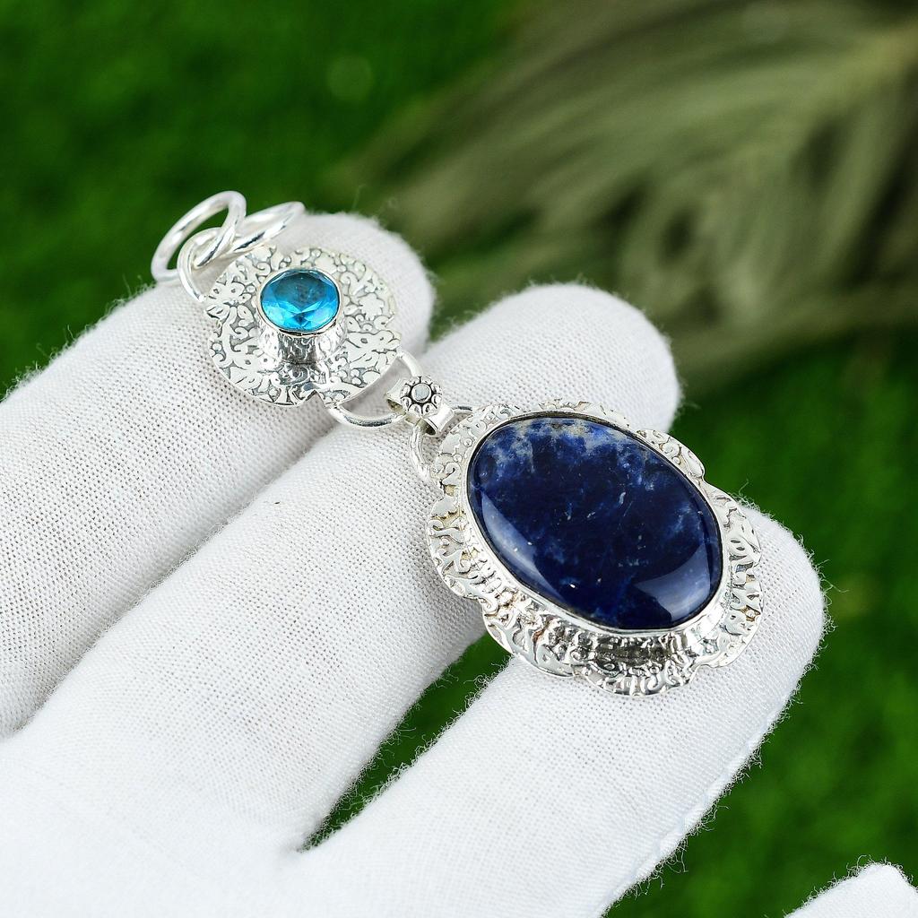 Piatră prețioasă Sodalit Naturală Bijuterii Indiene Pandantiv din Argint Sterling 925 Pentru Femei