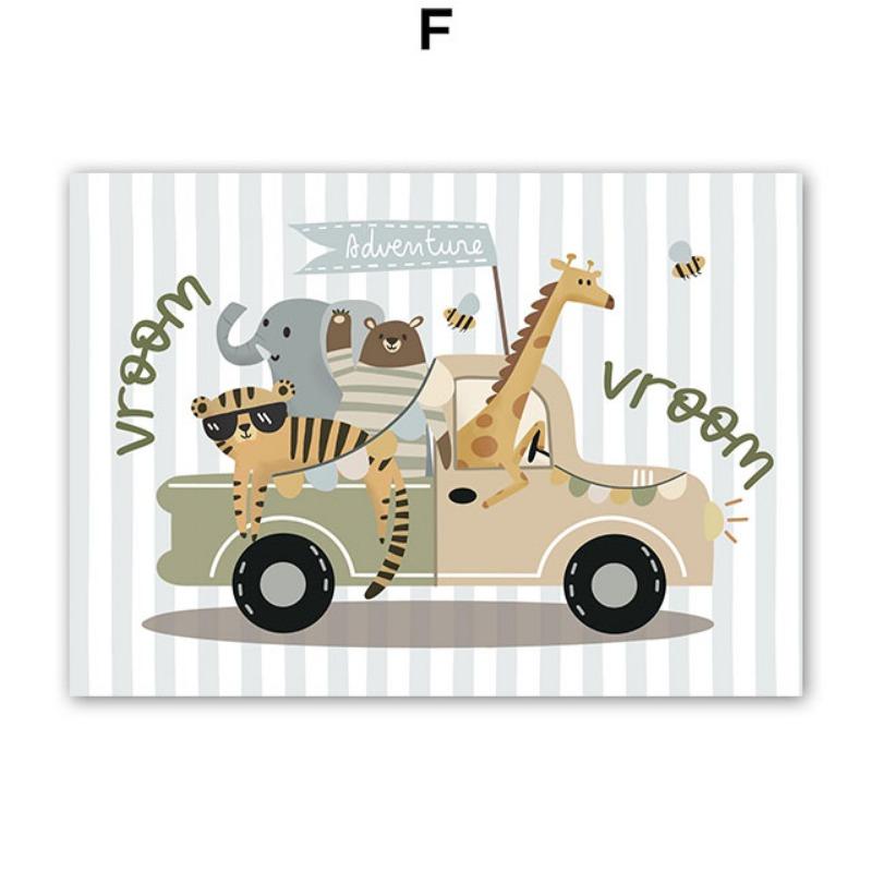 Kawaii Cat Tiger Elephant Giraffe Car Nursery Wall Art Canvas Painting Posters And Prints Wall Pictures For Baby Kids Room Decor