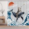 Japanese Cat Shower Curtain, Vintage Anime Sunset Wave Art, Waterproof Fabric With Hooks