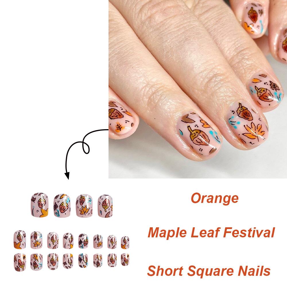 24pcs Press On Nails Polished Pinecone Maple Leaf Short Square Nails Removable Fake Nails Finished Wearable Nails Holiday Manicure
