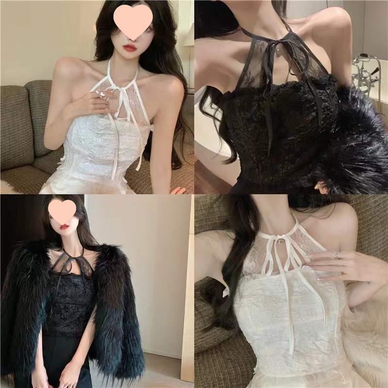 Women's White Lace Halter Camisole - Winter Short Outwear Sexy Base Layer Top