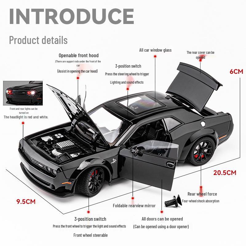 1:24 Hellcat Challenger Alloy Sports Car Model with Sound, Light, Pull-Back, and Openable Doors.