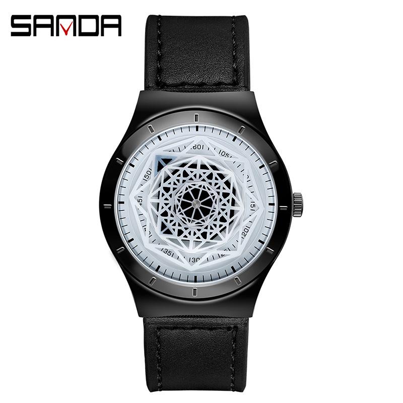 Sanda Men s Quartz Watch with Geometric Dial and Leather or Mesh Strap