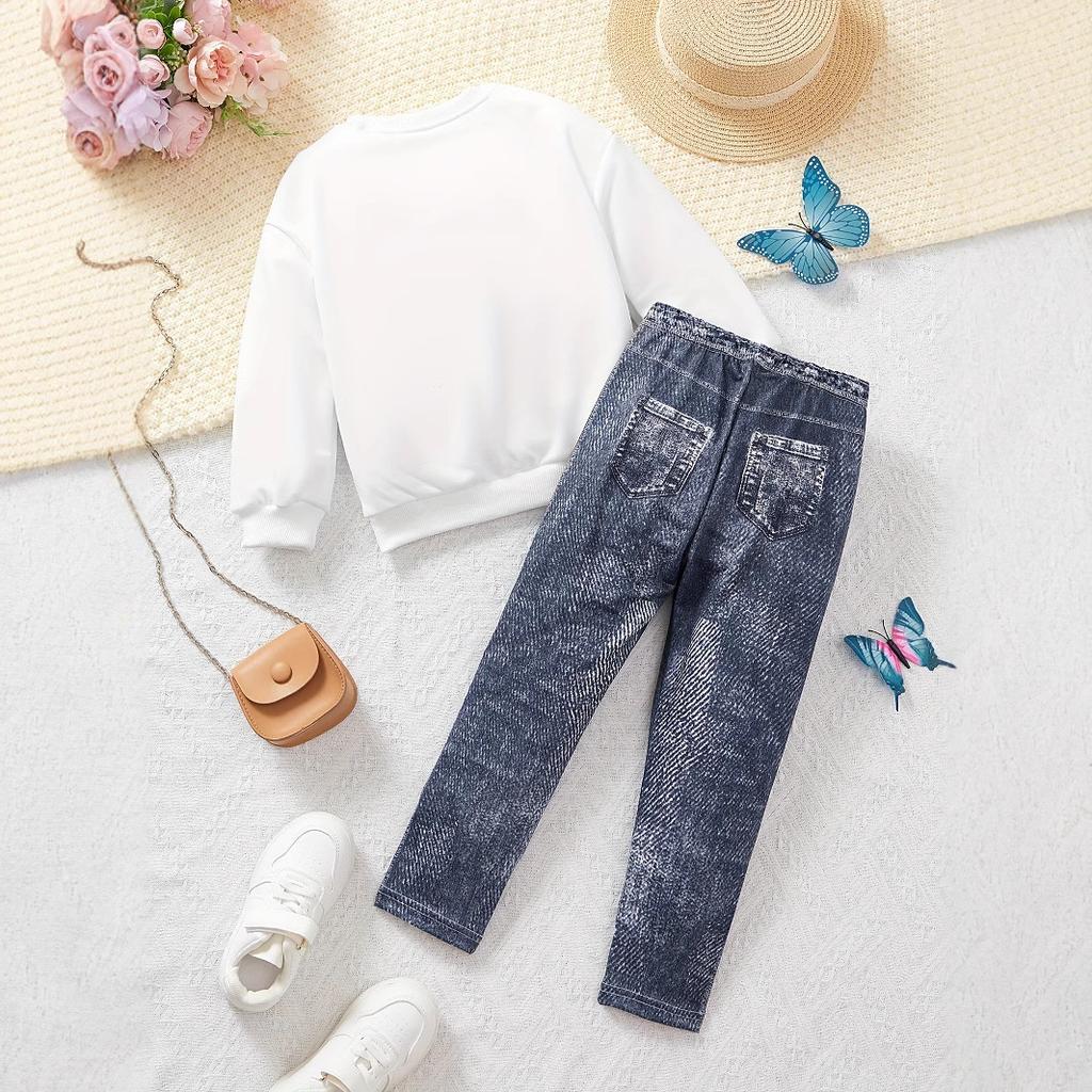 Modisches Kapuzenpullover & Jeans-ähnliches Freizeit Hosen Set für Mädchen - Sommer Kinder Set