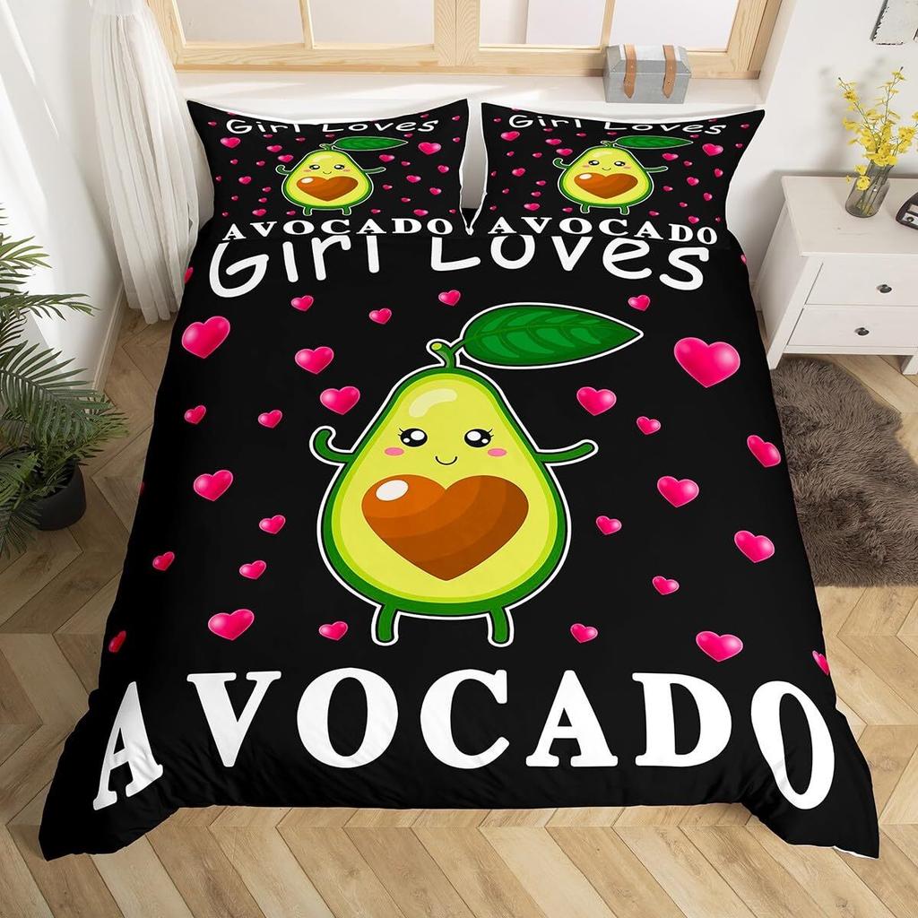 Fruit Duvet Cover Set, Cute Cartoon Avocado Decor 3 Piece Bedding Set with 2 Pillow Shams, Queen King Full Size, Paprika Green
