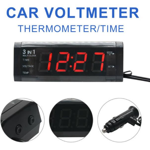 Riloer Auto-Temperatur-Uhr, 3-in-1-Thermometer, Voltmeter-Anzeige, Digitalanzeige, Grünes Licht