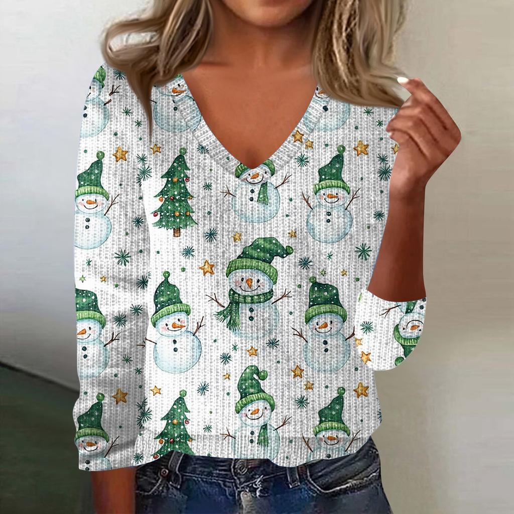 Women's Cute Sweatshirt Knitted Fashion Casual V-neck Long-sleeved Cozy Print Top