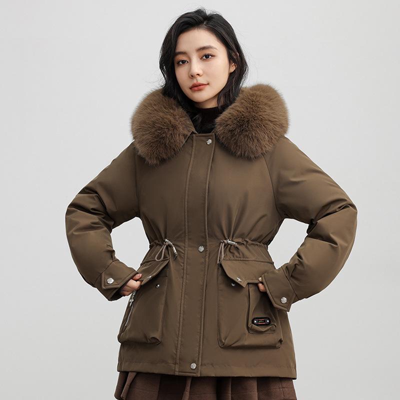 Pie Overcomes Women's Winter New Fleece Thickened Down Cotton Jacket Large Pocket Loose Cotton Jacket Waist Outside