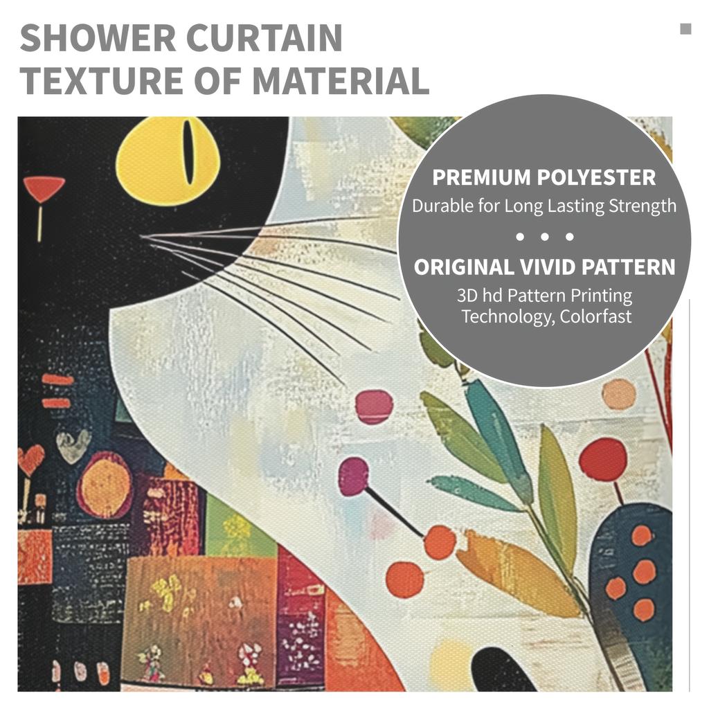 4Pcs Retro Boho Black Cat Shower Curtain Set with Non-Slip Bath Mat, Toilet Lid Cover, Contour Rug & 12 Hooks, Bathroom Decor