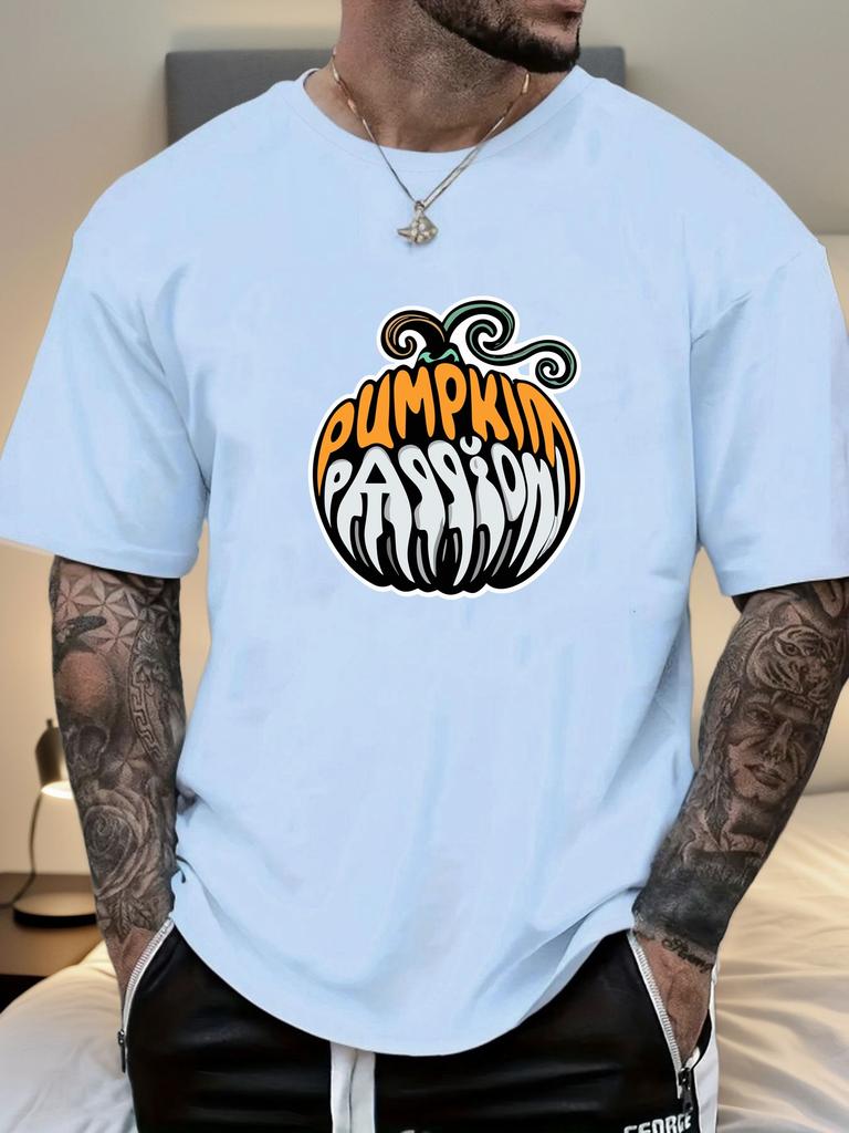 Mens Casual Tshirt Pumpkin Passion Print Short Sleeve Round Neck Breathable Soft Oversized Fun Daily Wear Tee