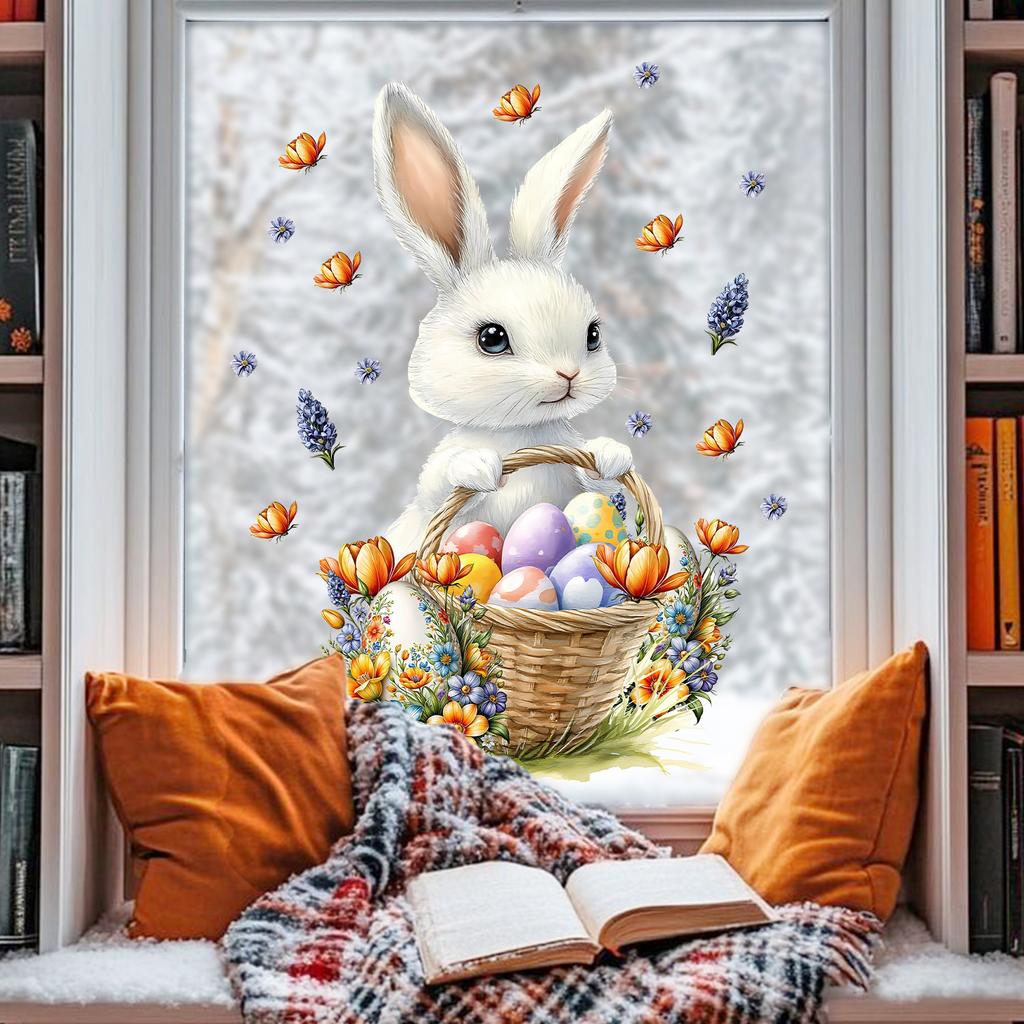 Cute Cartoon Easter Bunny Eggs Butterflies Static Cling Window Stickers No Glue Removable for Bedroom Living Room Study Holiday Decor