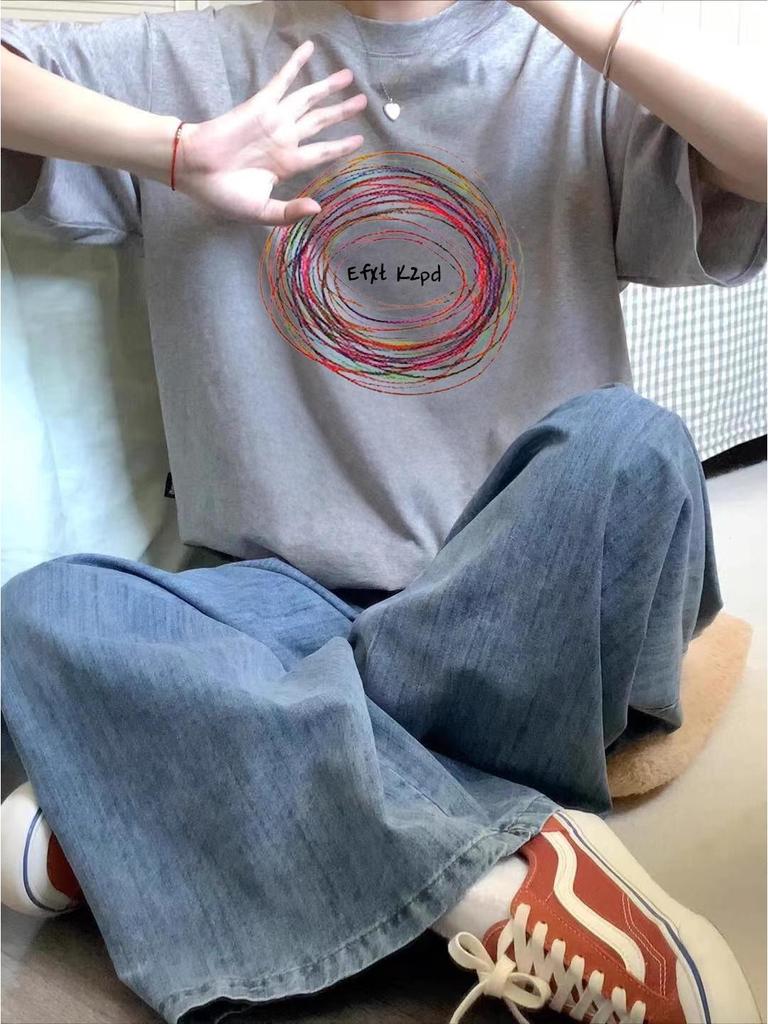 Жіноча літня 2025 футболка з важкої бавовни з коротким рукавом, вільного крою та унікальним американським дизайном