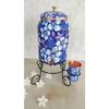 Pure Copper Blue Floral Printed Design Water Pot with Brass Tap & Copper Glass & Stand, Storage & Serving Water, Volume- 5 Liters