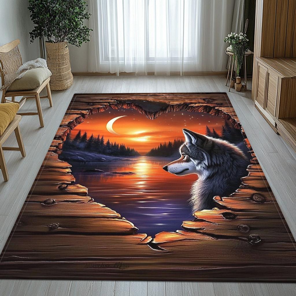 Wolf Sunset 3D Rug Crystal Velvet Carpet Living Room Decor Animal Print Floor Mat Home Decoration Artistic Design Soft Plush Rug