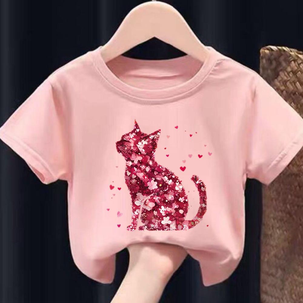 Girls  Short-Sleeved T-Shirt Summer Pink Cat Design Children s Wear Half-Sleeved Top for Kids  Summer Fashion Fashion summer pol 110