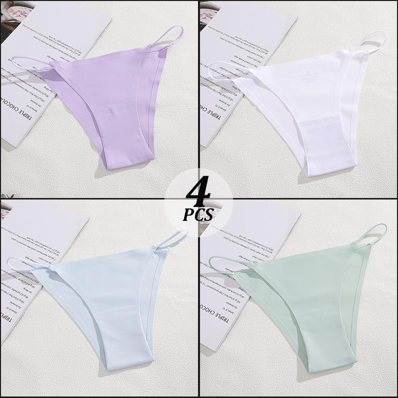 FINETOO 4 Stück/Set Nahtlose Dünne Träger Tanga Unterwäsche Damen Niedrige Hüfte Slips Eis Seide Bequeme Höschen Mehrfarbig Spurlos Dessous M