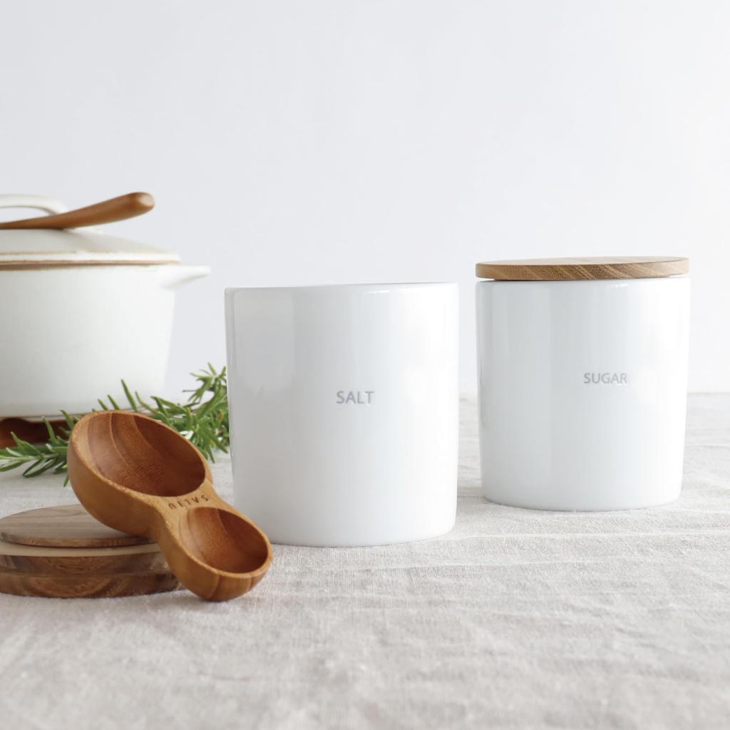 LOLO Storage containers SALT SUGAR Canister set Spoon included Made in Japan Pottery Porcelain Teak With lid &