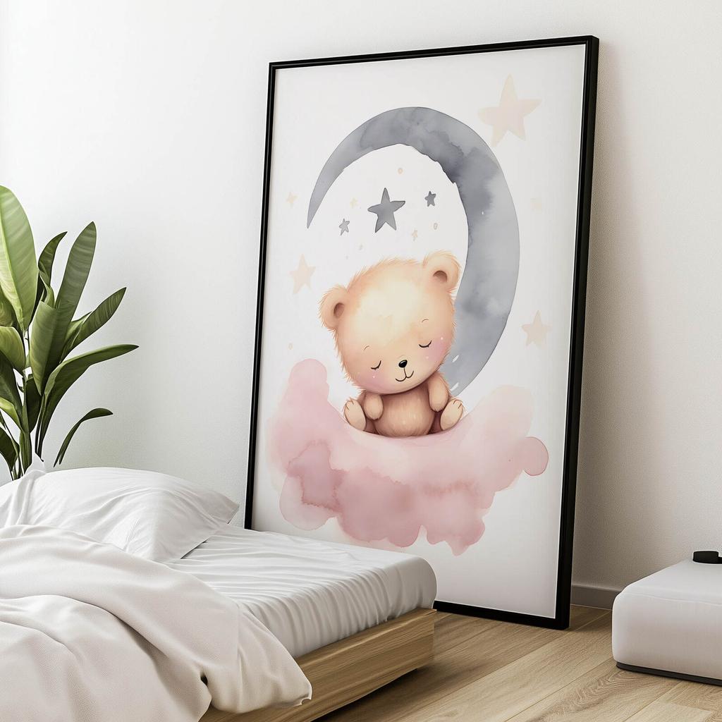 Śpiący Miś Na Różowej Chmurce Śpiący Miś Na Różowej Chmurce, 50X70 Cm, Rama Drewniana Ciemny Brąz, Papier Matowy 230 Gsm