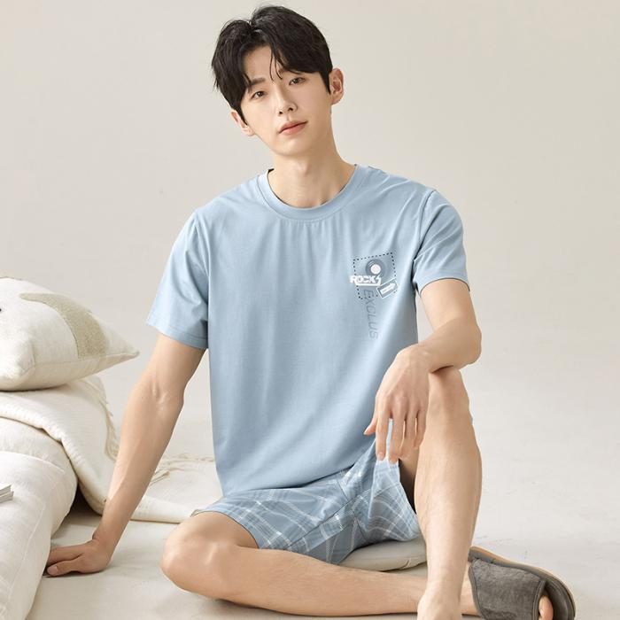 

Мужские пижамы Топы с короткими рукавами Шорты МОДАЛ ХЛОПОК Пижамы Домашняя одежда Студенческие двухкомпонентные клетчатые однотонные молодежные пижамы Домашняя одежда XXXL