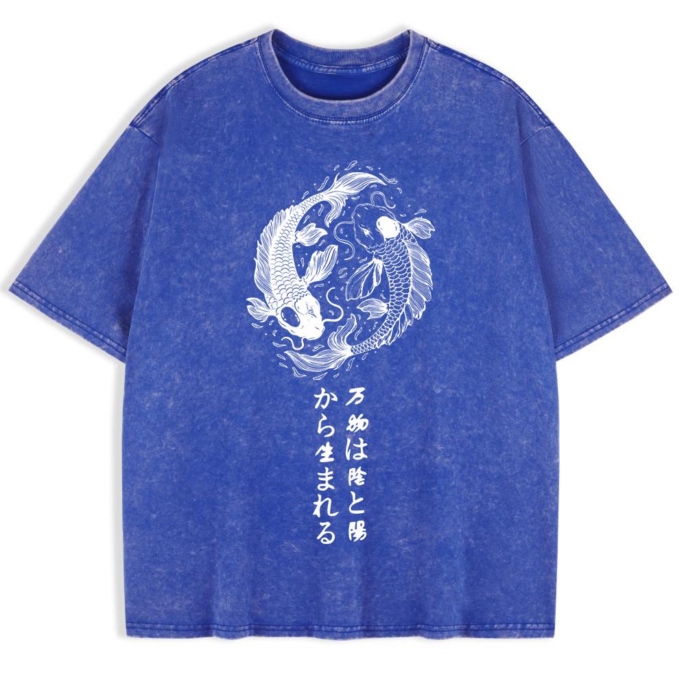 Japanese Koi Harajuku Printed Washed T-Shirts Mens Cotton Short Sleeve Tops Street O-Neck Oversize T Shirt Clothes