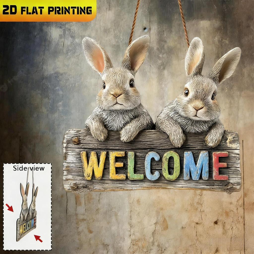 2D Flat Vintage Wooden Sign, Easter Welcome Sign with Rabbit, Easter Gift, Gift for Animal Lovers, Nurseries, Restaurant Shop Wall Decor,