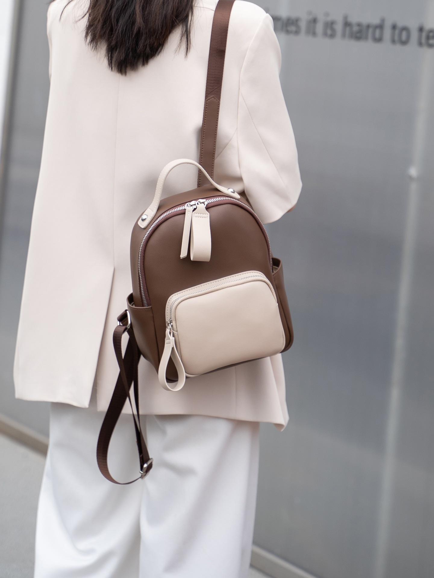 Ретро простой контрастный цвет сращивание кожаный маленький рюкзак женский рюкзак для поездок на работу легкая дорожная сумка мягкая воловья кожа школьный рюкзак