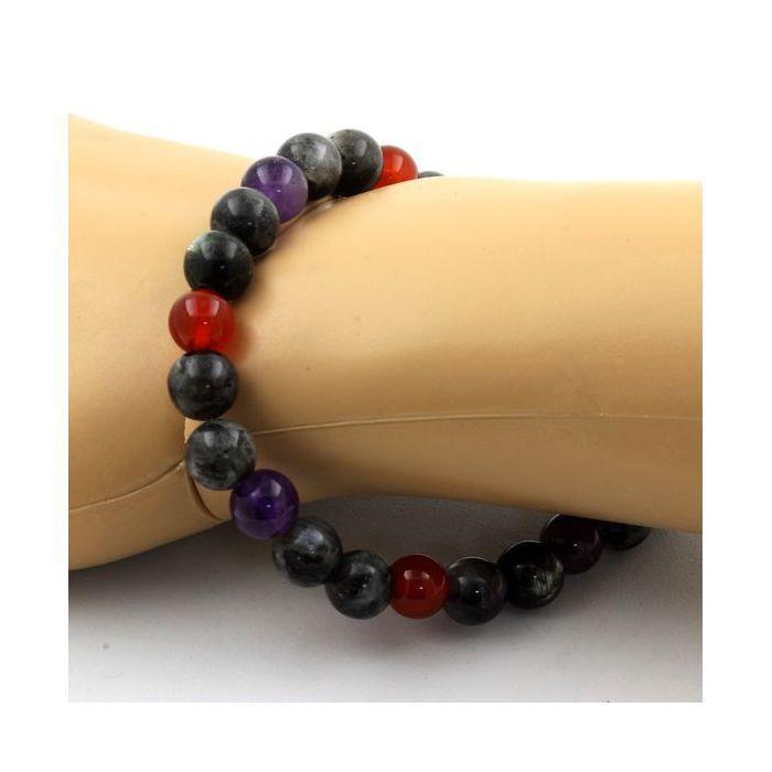 Pierres et Minéraux. Bracelet Perles Labradorite + Améthyste + Agate Rouge 8 mm. Fabriqué en France.