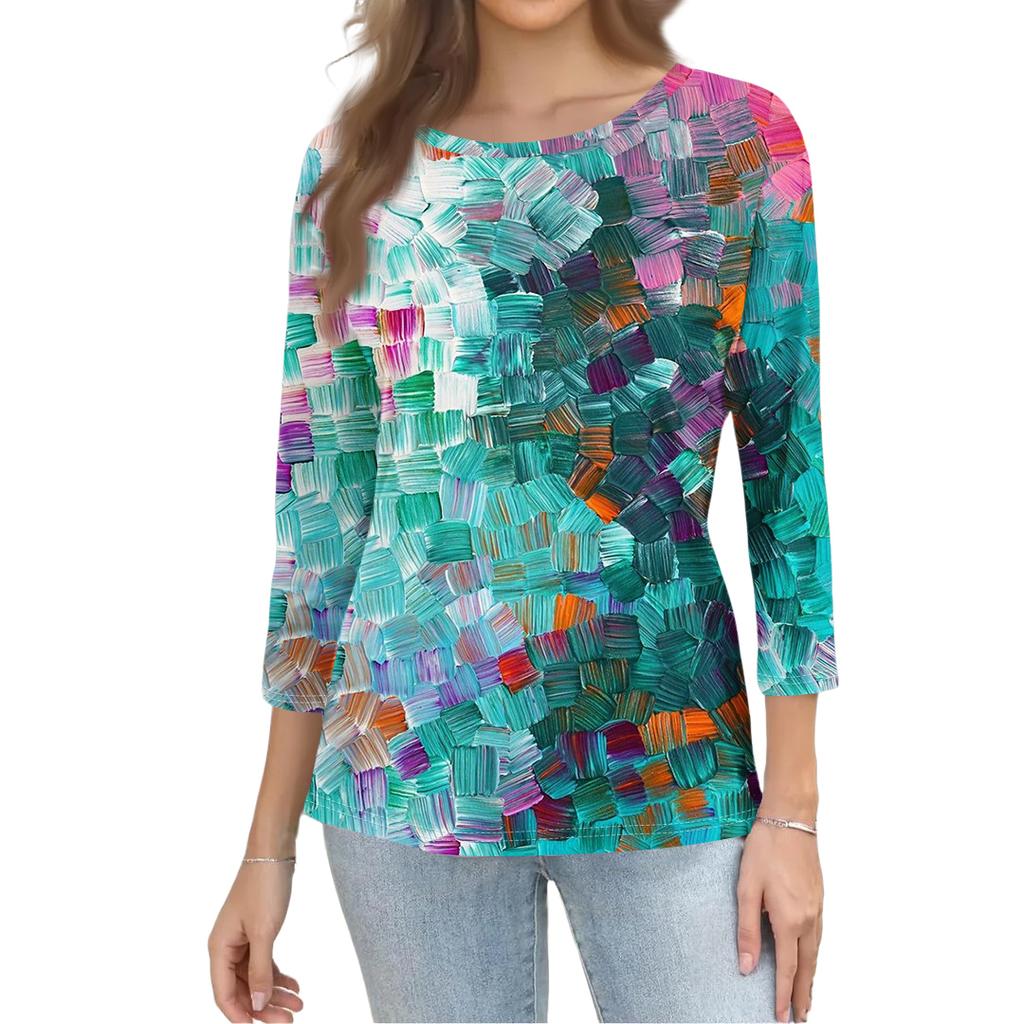 Damenmode Lässig Dreiviertelärmel Blumenmuster Rundhals Oberteil