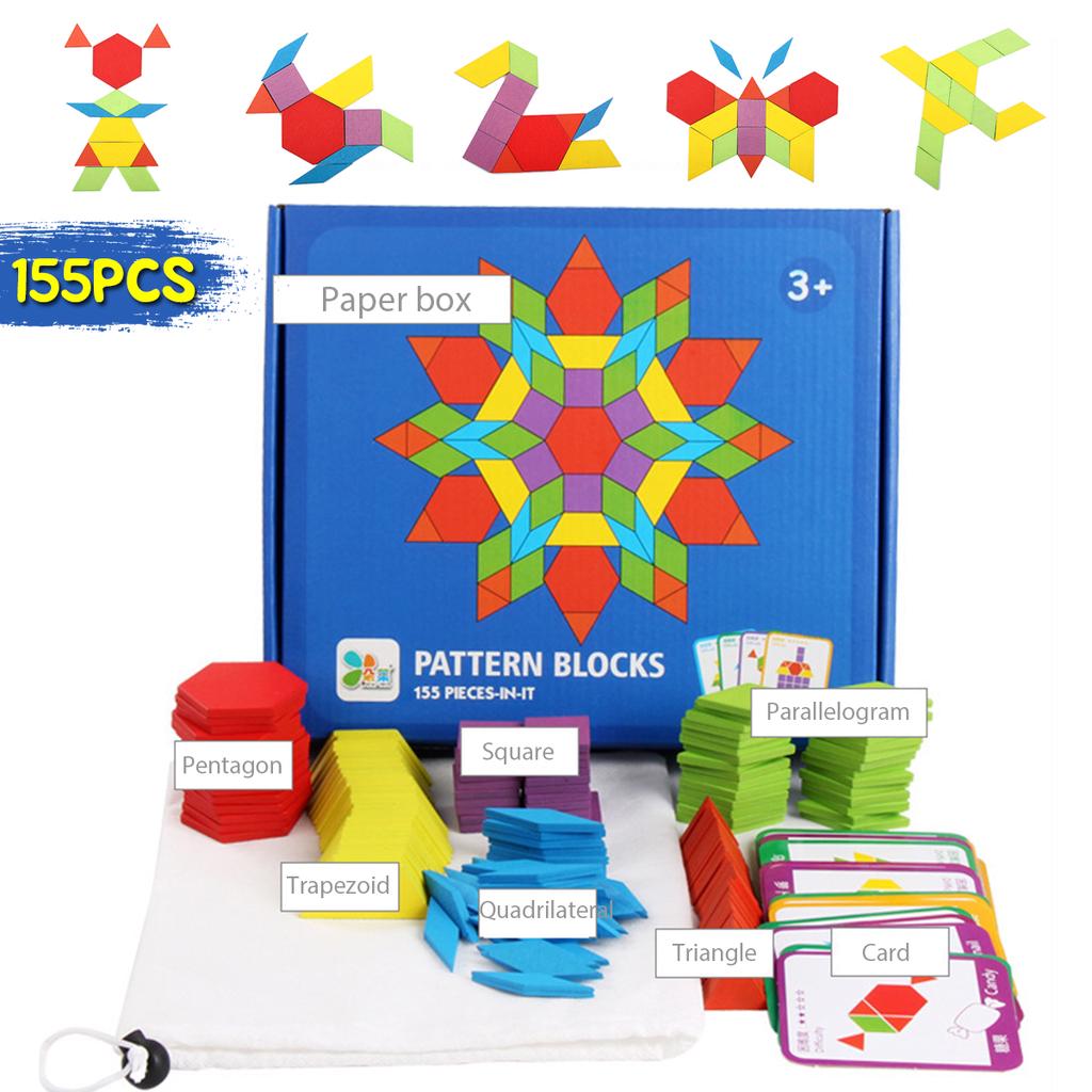 155pcs Wooden Pattern Blocks Set Geometric Manipulative Shape Puzzle