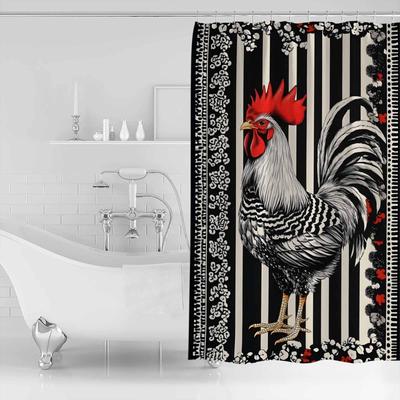 Cortina de Ducha para Baño con Líneas de Gallo de Granja Vintage Alfombra de Baño Colorida Artística Decoración para Decoración del Hogar