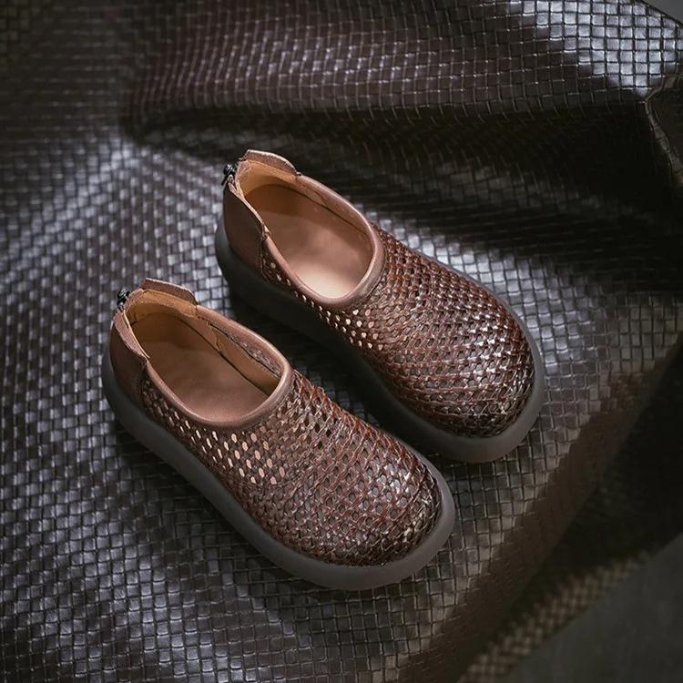 Johnature Retro Hollow-out Breathable Woven Genuine Leather Thick Soled Sandals Simple Women's Platform Shoes