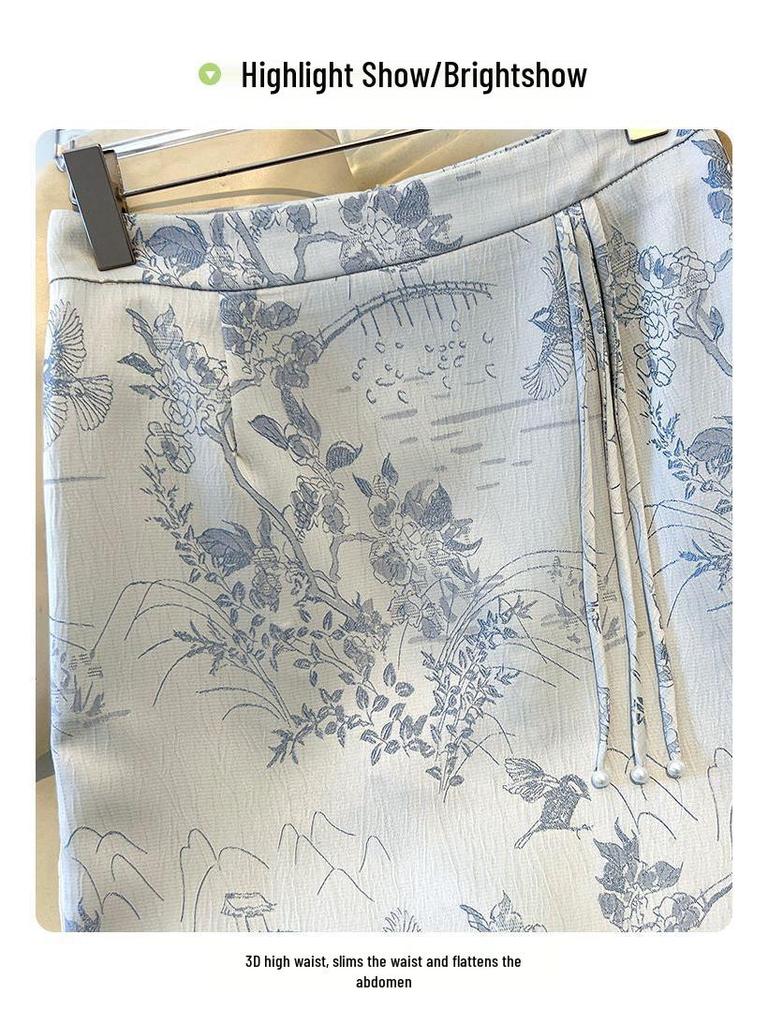 Summer 2025 High-Waist Chinese Style Embroidered A-Line Bodycon Midi Skirt for Women