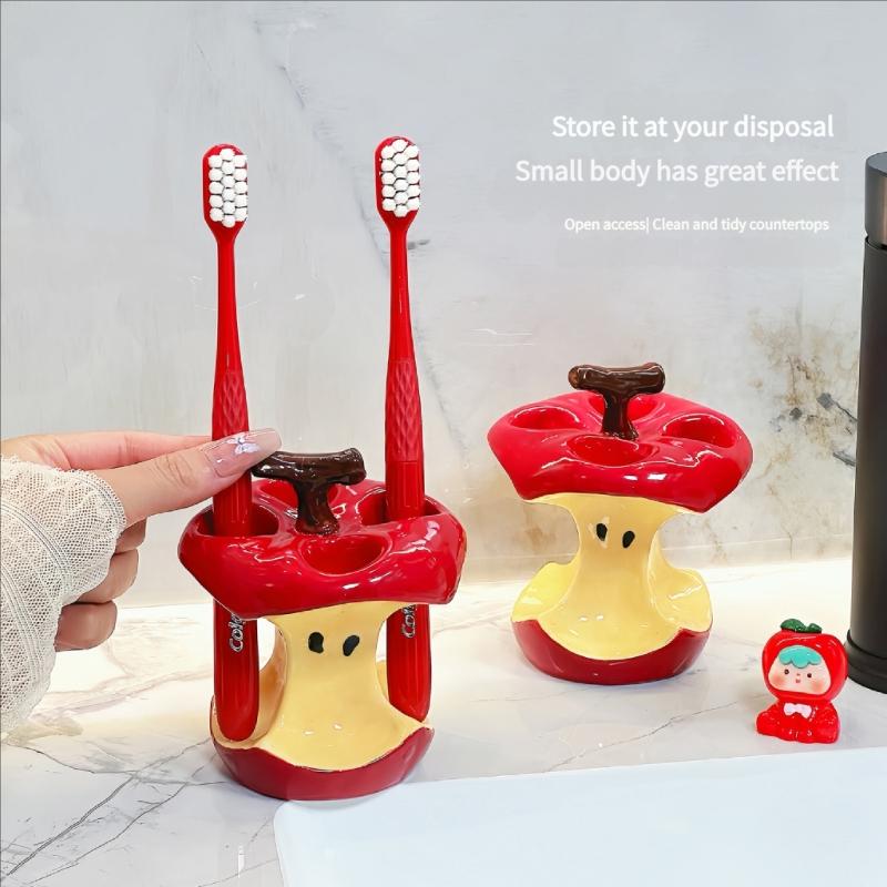 Hygienic Ceramic Toothbrush Stand With 4 Compartments  Fruit Core Theme Bathroom Storage Rack Pen Holders Organizers